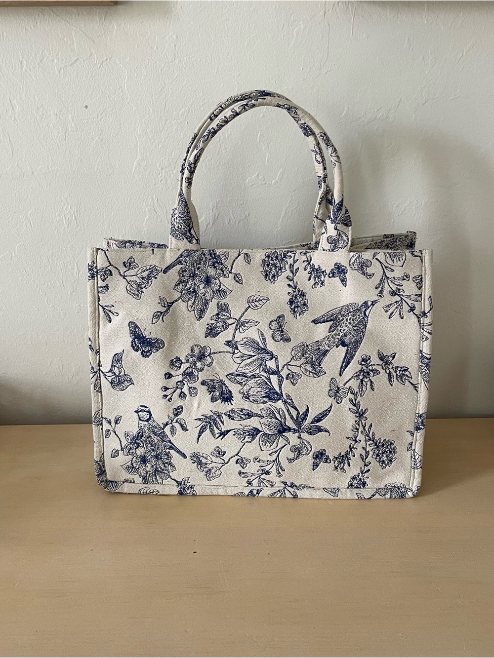Canvas Floral & Bird Tote Bag in Navy and Cream Old Money Tote
